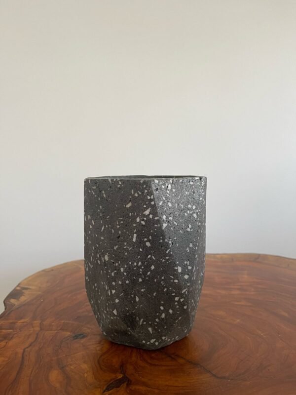 Maceta vaso geométrico de terrazo negro + planta | 28 cm