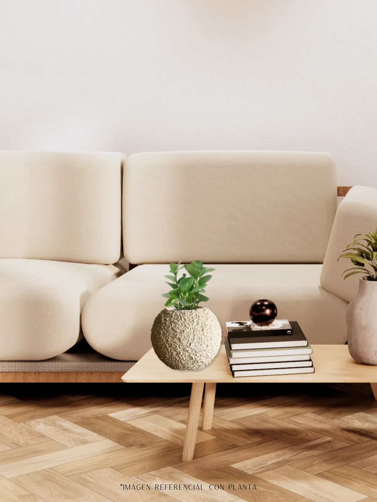 Maceta Esfera texturizada beige + planta | 22 cm - Imagen 3